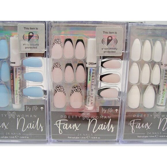 Lot 5 Pretty Woman Kiss Press on Glue Nails New Box Leopard White Blue Coffin - Picture 7 of 14
